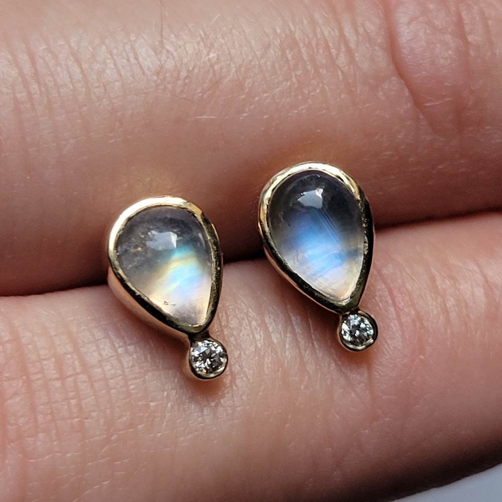 Moonstone and diamond 14k gold earrings